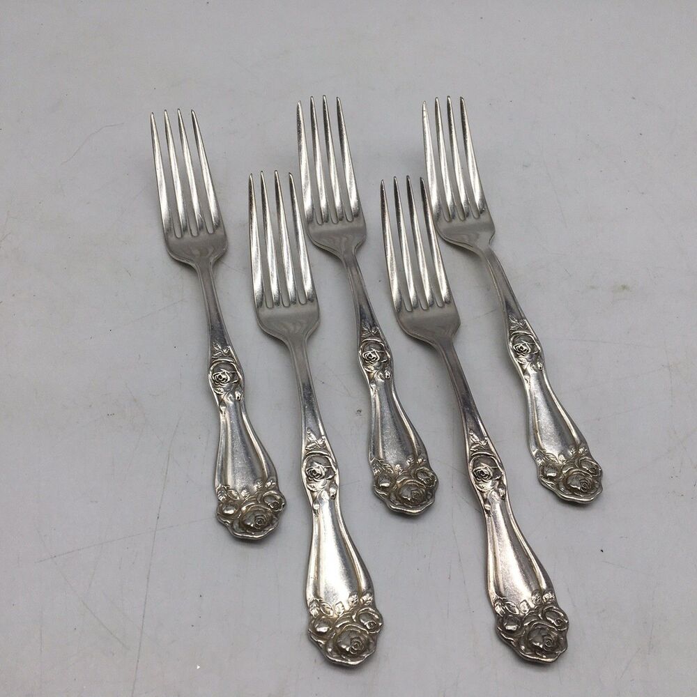 1909 Holmes & Edwards American Beauty Rose Set 5 Dinner Forks 7.5” Silverplate
